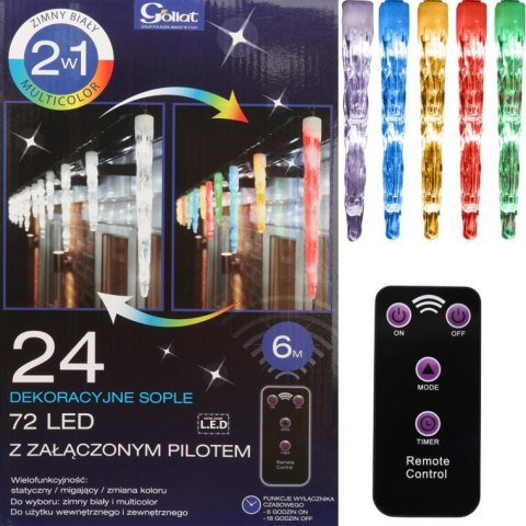 Świetlne Sople Dekoracyjne z Pilotem, 24 szt, Zmiana Kolorów (2 w 1), Zasilanie Sieciowe, Wielofunkcyjne, Zegar Czasowy, Do Użyt