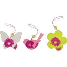 Zestaw 6 Dekoracyjnych Drewnianych Zawieszek Wielkanocnych w Kolorach Seledynowo-Biało-Różowych z Brokatem