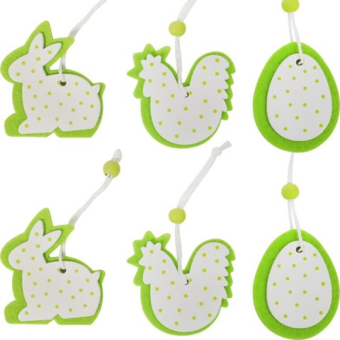 Zestaw 6 Wiosennych Drewniano-Filcowych Zawieszek: Jajka, Zające, Kury