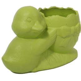 Zielona, ceramiczna dekoracja wielkanocna - Doniczka w kształcie jajka z kaczką.