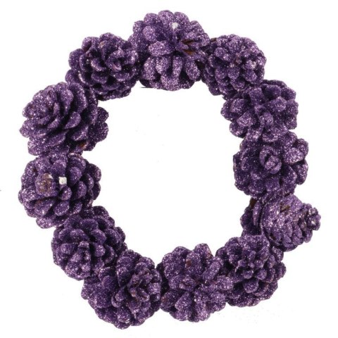 Dekoracyjny Wianek Świąteczny z Fioletowych Szyszek Brokatowych 18 cm