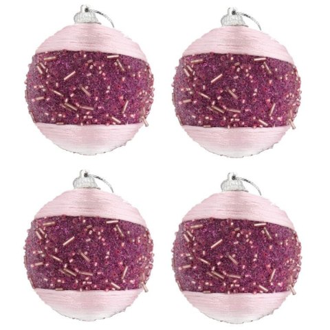 Komplet 4 różowych bombek styropianowych z koralikami 6 cm do dekoracji świątecznej