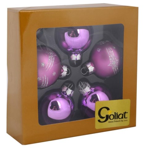 Komplet 5 Eleganckich Fioletowych Bombek Szklanych z Brokatowym Dekorem, 6 cm