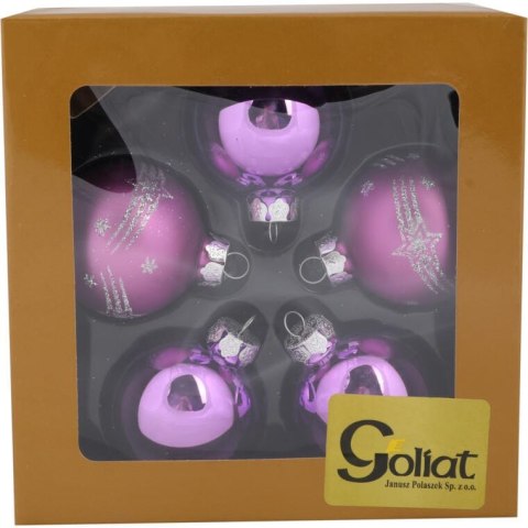 Komplet 5 Eleganckich Fioletowych Bombek Szklanych z Brokatowym Dekorem, 6 cm