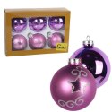 Komplet 6 Szklanych Bombek Świątecznych - Fioletowy Połysk i Mat z Srebrnym Brokatem, 8cm