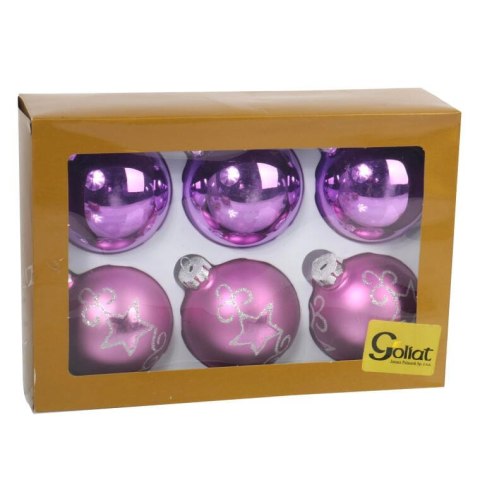 Komplet 6 Szklanych Bombek Świątecznych - Fioletowy Połysk i Mat z Srebrnym Brokatem, 8cm