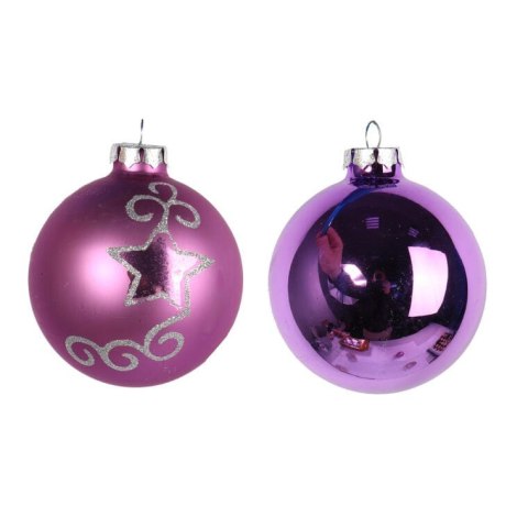 Komplet 6 Szklanych Bombek Świątecznych - Fioletowy Połysk i Mat z Srebrnym Brokatem, 8cm