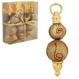 Kpl. 3 Złote Bombki Wrzeciono-kształtne, Ozdobione, na Choinkę i Kompozycje Świąteczne.