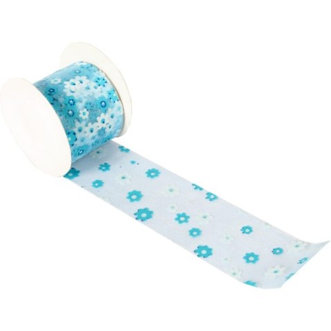Niebieska Wstążka Wiosenna z Kwiatami 5cm do Dekoracji i Pakowania Prezentów