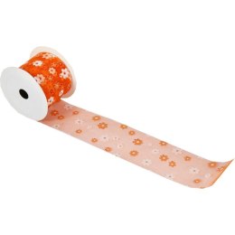 Pomarańczowa Wstążka Wiosenna z Kwiatami 5cm do Dekoracji i Pakowania Prezentów