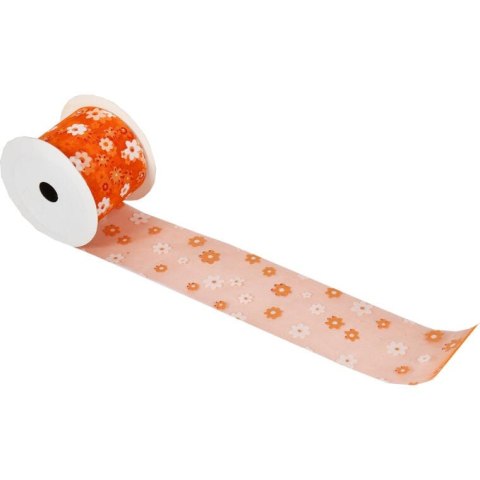 Pomarańczowa Wstążka Wiosenna z Kwiatami 5cm do Dekoracji i Pakowania Prezentów