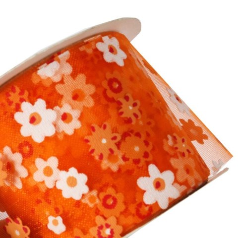 Pomarańczowa Wstążka Wiosenna z Kwiatami 5cm do Dekoracji i Pakowania Prezentów