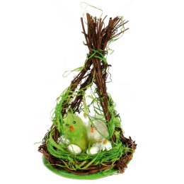 Wielkanocna Dekoracja - Kurki z Jajkami w Szałasie z Gałęzi 18cm