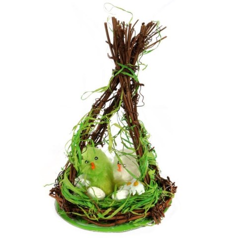 Wielkanocna Dekoracja - Kurki z Jajkami w Szałasie z Gałęzi 18cm