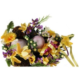 Wielkanocny bukiet dekoracyjny z suszu i jajkami w tonacji fioletowo-żółto-zielonej