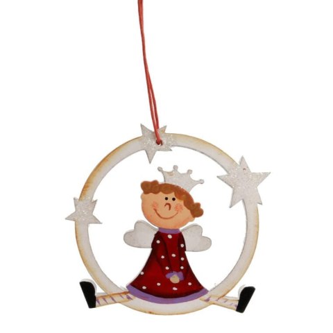 Zawieszka Drewniana: Czerwony Anioł w Kole - Witrazyk, Wysokość 12 cm