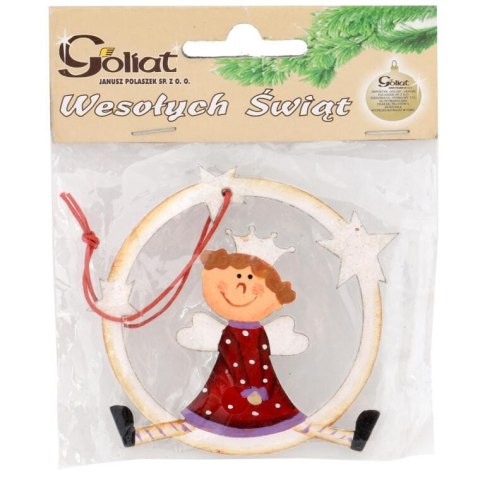 Zawieszka Drewniana: Czerwony Anioł w Kole - Witrazyk, Wysokość 12 cm