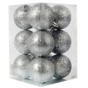 Zestaw 12 Srebrnych Bombek Brokatowych - Dekoracje Świąteczne 6 cm