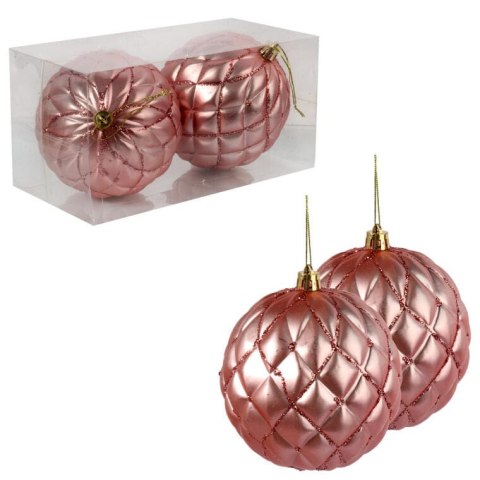 Zestaw 2 matowych bombek choinkowych 10 cm w kolorze różowym z dekoracją brokatową