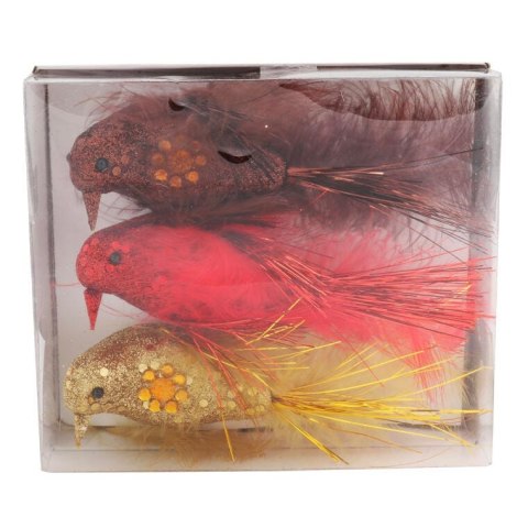 Zestaw 3 Ptaków na Klipsach w Kolorze Czerwono-Złotym do Dekoracji Świątecznych