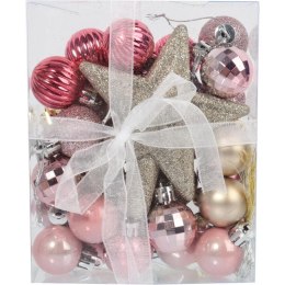 Zestaw 30 Luksusowych Różowych Bombek z Gwiazdą na Czubek do Dekoracji Choinki