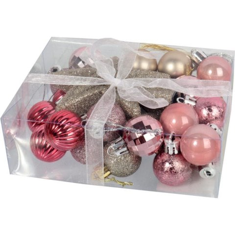 Zestaw 30 Luksusowych Różowych Bombek z Gwiazdą na Czubek do Dekoracji Choinki