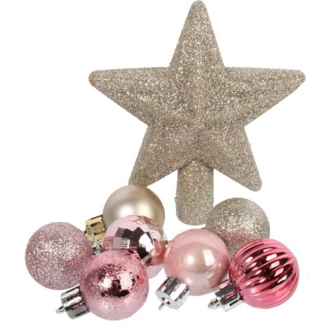 Zestaw 30 Luksusowych Różowych Bombek z Gwiazdą na Czubek do Dekoracji Choinki