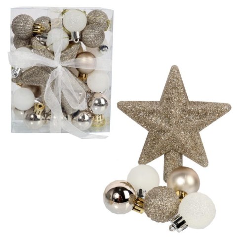 Zestaw 30 plastikowych bombek choinkowych z czubkiem w kształcie gwiazdy - Kolor złoty
