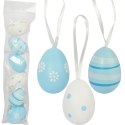 Zestaw 6 Dekoracyjnych Jajek Wielkanocnych Biało-Niebieskich 5cm - Zawieszki Ze Wzorem Kwiatków