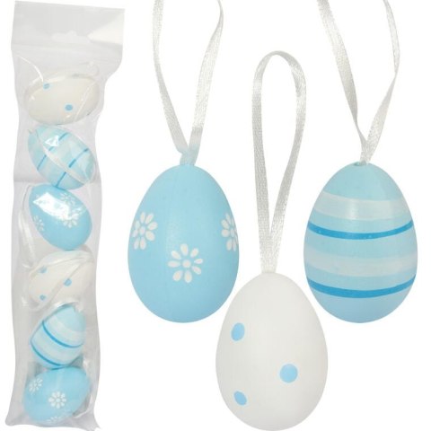 Zestaw 6 Dekoracyjnych Jajek Wielkanocnych Biało-Niebieskich 5cm - Zawieszki Ze Wzorem Kwiatków