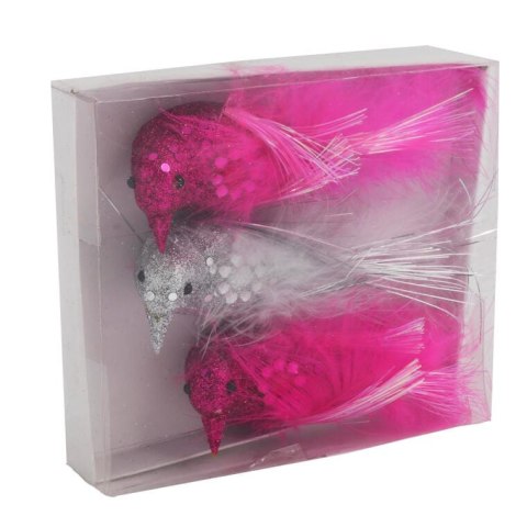 Zestaw Ptaków na Klipsach do Dekoracji Świątecznych - Różowo-Srebrne, 3 Sztuki