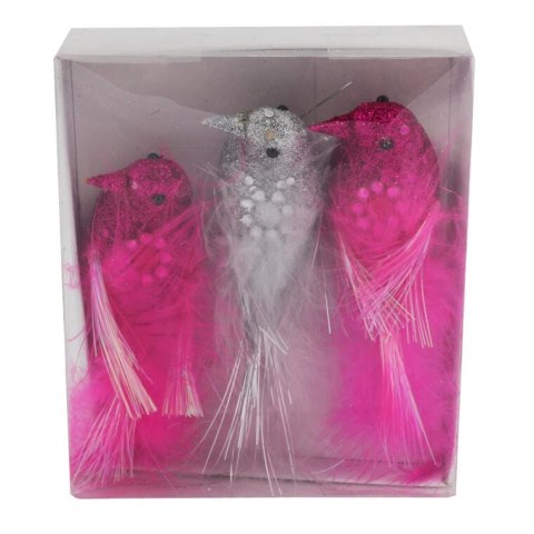 Zestaw Ptaków na Klipsach do Dekoracji Świątecznych - Różowo-Srebrne, 3 Sztuki