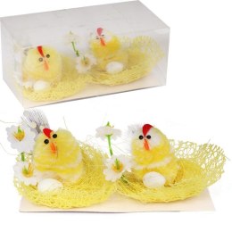 Zestaw Wielkanocnych Dekoracji: Żółte Kurki w Gniazdach z Jajkiem i Kwiatkami - 2 Sztuki, 6cm