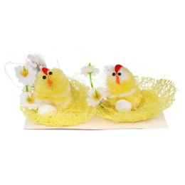 Zestaw Wielkanocnych Dekoracji: Żółte Kurki w Gniazdach z Jajkiem i Kwiatkami - 2 Sztuki, 6cm