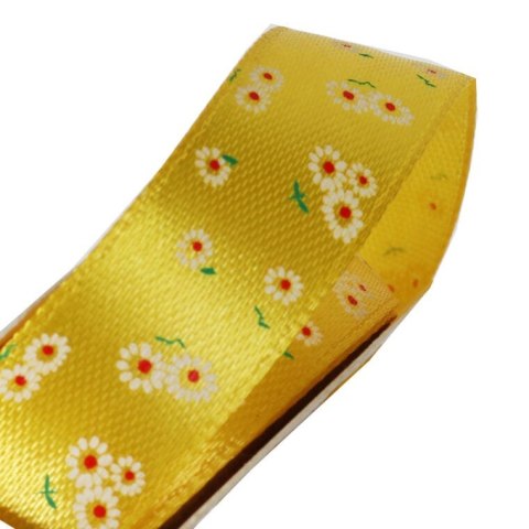 Żółta Wstążka Wiosenna z Kwiatkami 2,5 cm do Dekoracji Wielkanocnych i Prezentów, 3m