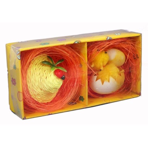 Pomarańczowe Gniazdka z Figurkami Kurczaka i Pisklęcia - Dekoracja Wielkanocna 2szt