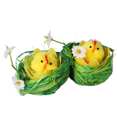 Zestaw Dekoracyjny Wielkanocne Pisanki - 2 Miękkie Kurczaczki w Sizalowych Gniazdach 6cm