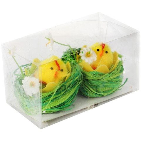 Zestaw Dekoracyjny Wielkanocne Pisanki - 2 Miękkie Kurczaczki w Sizalowych Gniazdach 6cm