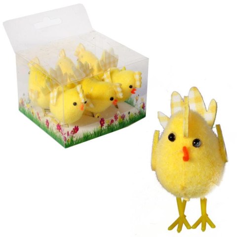 Żółte Kurki Dekoracyjne z Grzebieniem i Skrzydłami w Kratkę 6szt - Wielkanocne Ozdoby 5cm