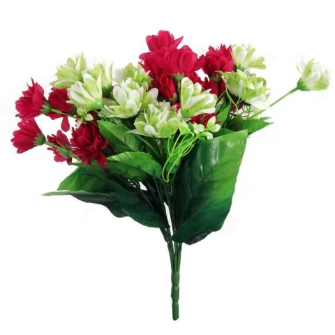 BUKIET 12 DROBNYCH DALII Z DUŻYMI LIŚĆMI 42 CM BORDOWO ZIELONY