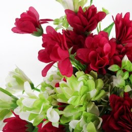 BUKIET 12 DROBNYCH DALII Z DUŻYMI LIŚĆMI 42 CM BORDOWO ZIELONY