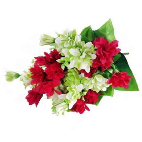 BUKIET 12 DROBNYCH DALII Z DUŻYMI LIŚĆMI 42 CM BORDOWO ZIELONY