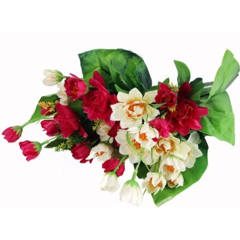 BUKIET 12 DROBNYCH DALII Z DUŻYMI LIŚĆMI 42 CM BORDO