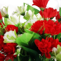 BUKIET 12 DROBNYCH DALII Z DUŻYMI LIŚĆMI 42 CM CZERWONO ZIELONY