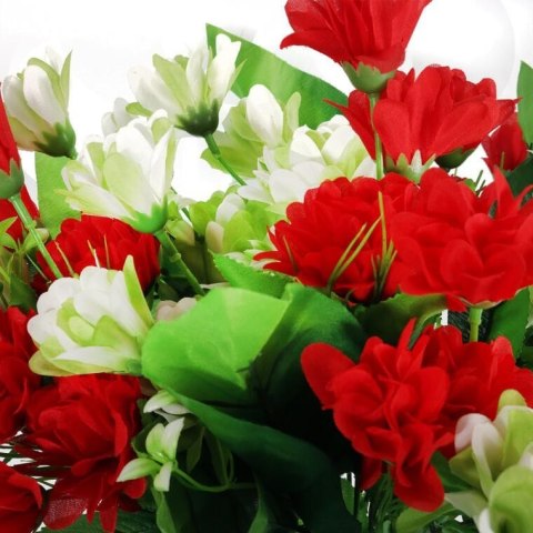 BUKIET 12 DROBNYCH DALII Z DUŻYMI LIŚĆMI 42 CM CZERWONO ZIELONY