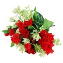 BUKIET 12 DROBNYCH DALII Z DUŻYMI LIŚĆMI 42 CM CZERWONO ZIELONY