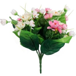 BUKIET 12 DROBNYCH DALII Z DUŻYMI LIŚĆMI 42 CM RÓŻOWO BIAŁY