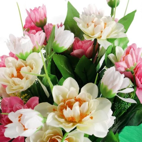 BUKIET 12 DROBNYCH DALII Z DUŻYMI LIŚĆMI 42 CM RÓŻOWO BIAŁY