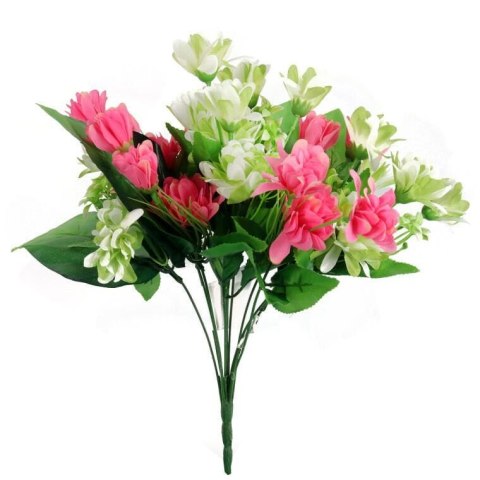 BUKIET 12 DROBNYCH DALII Z DUŻYMI LIŚĆMI 42 CM RÓŻOWO ZIELONY