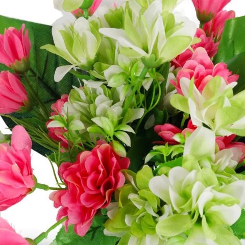 BUKIET 12 DROBNYCH DALII Z DUŻYMI LIŚĆMI 42 CM RÓŻOWO ZIELONY